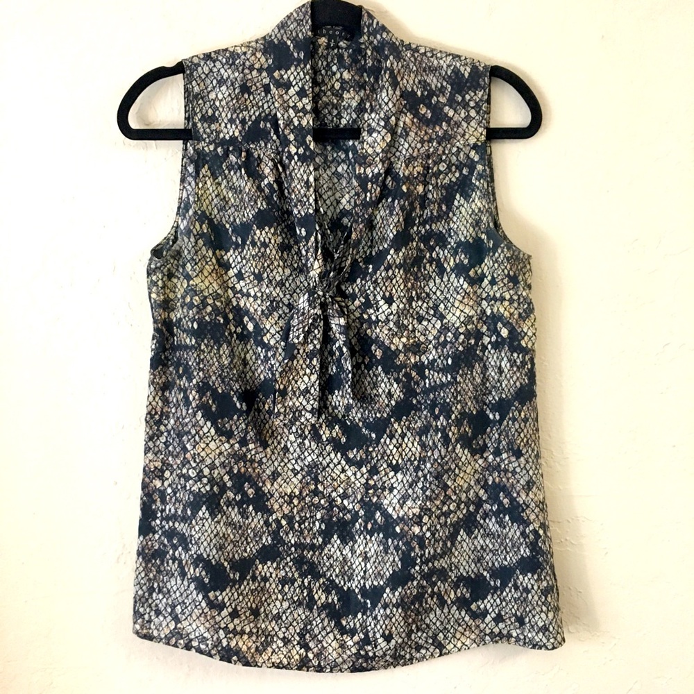 Theory 100% Silk Sleeveless Blouse Small Black Tan Animal Print Tie Neck…